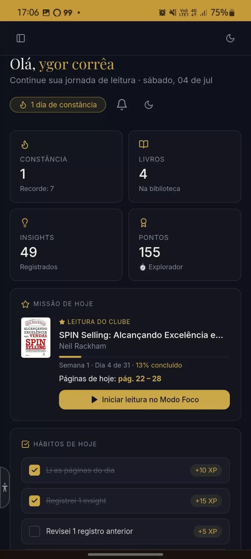 Dashboard com contadores de livros, insights e pontos