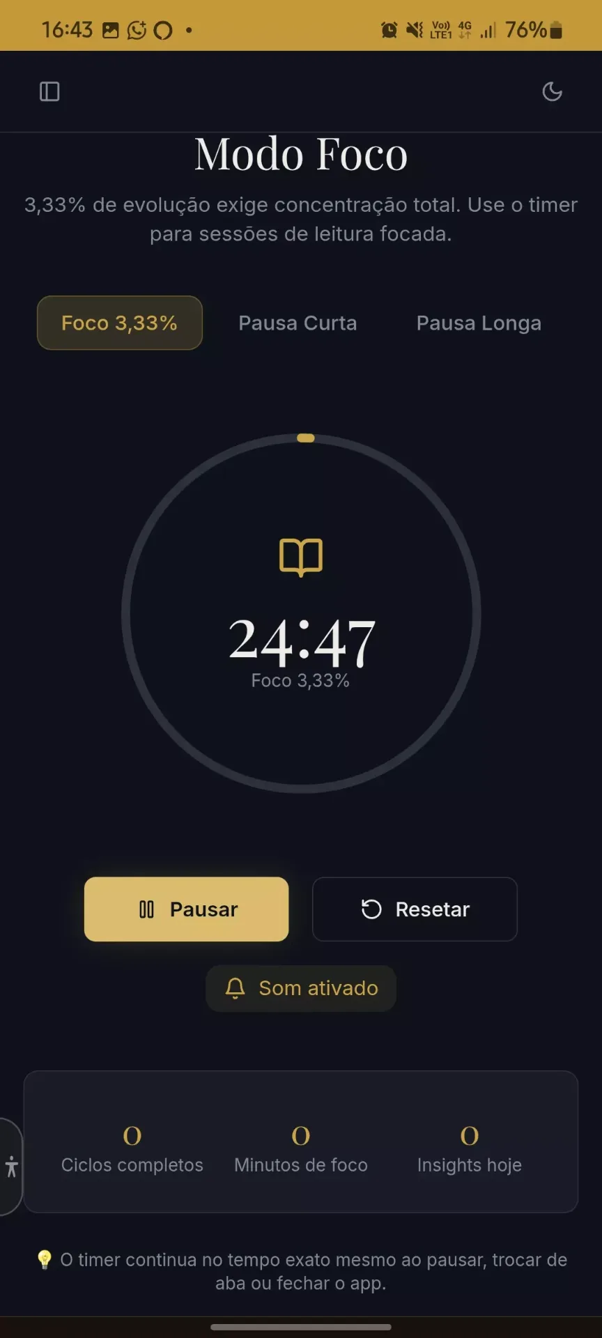 Tela do Modo Foco com timer rodando em Foco 3,33%